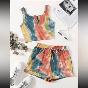 Tie Dye Matching Set Crop Tank Top & Cuffed Shorts Small